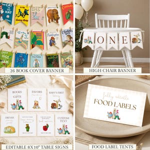 May include: A collection of party decorations featuring classic children's book illustrations. Includes a 26-piece book cover banner, a high chair banner spelling ONE, editable 8x10 inch table signs, and foldable food label tents.