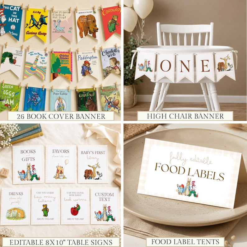 May include: A collection of party decorations featuring classic children's book illustrations. Includes a 26-piece book cover banner, a high chair banner spelling ONE, editable 8x10 inch table signs, and foldable food label tents.