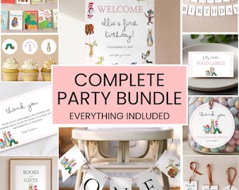 Pink Gingham First Birthday Decorations Bundle | One for the Books Party Decor | Storybook Birthday | Editable Canva