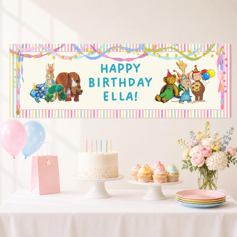 May include: A rectangular birthday banner featuring the text HAPPY BIRTHDAY ELLA! surrounded by illustrations of various storybook animals wearing party hats, including a bear, a monkey, and a rabbit, framed by a colorful striped border.