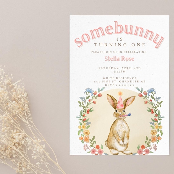 Editable Bunny First Birthday Invitation: Watercolor Peter Rabbit