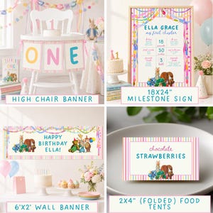 May include: A collection of birthday party decorations featuring Peter Rabbit illustrations, including a high chair banner, an 18x24 inch milestone sign, a 6x2 foot wall banner, and 2x4 inch folded food tents with pastel striped borders.