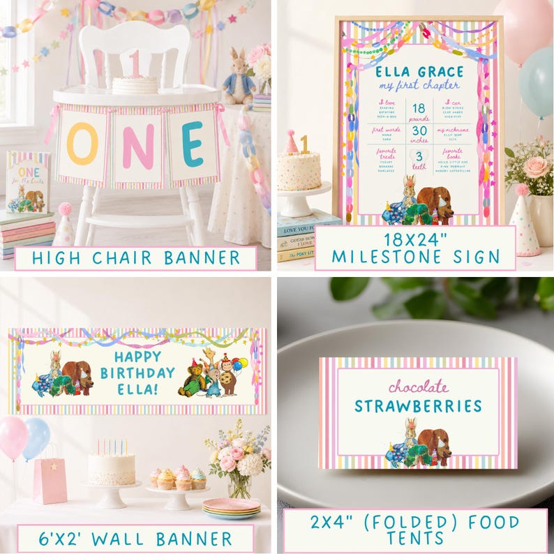 May include: A collection of birthday party decorations featuring Peter Rabbit illustrations, including a high chair banner, an 18x24 inch milestone sign, a 6x2 foot wall banner, and 2x4 inch folded food tents with pastel striped borders.
