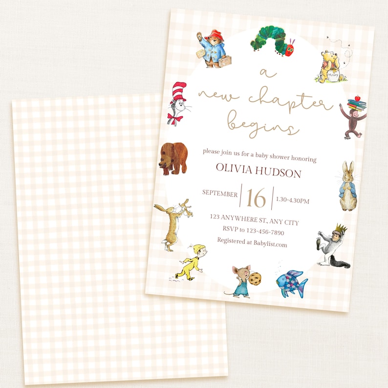 May include: A baby shower invitation card featuring a light beige gingham pattern and illustrations of classic storybook characters. The text reads: a new chapter begins, please join us for a baby shower honoring OLIVIA HUDSON, SEPTEMBER 16, 1.30-4.30PM.