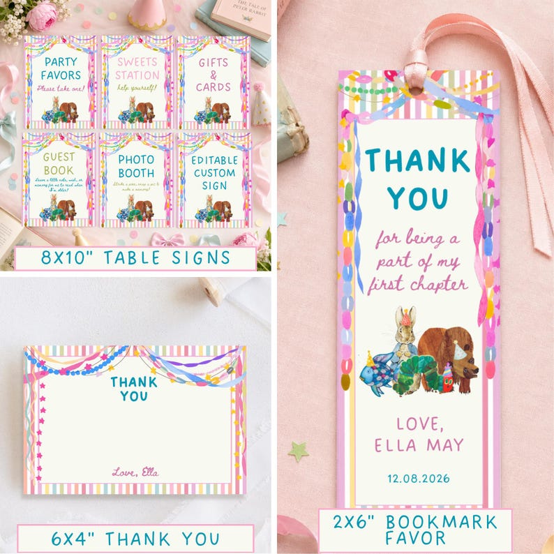 May include: A collection of party stationery featuring six 8x10 inch table signs, a 6x4 inch thank you card, and a 2x6 inch bookmark favor. Each item displays colorful striped borders, festive bunting, and illustrations of a rabbit and dog.