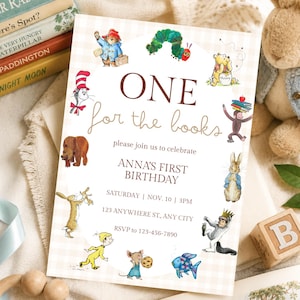 Può includere: Un biglietto d'invito di compleanno rettangolare con un bordo a quadretti vichy beige chiaro. Il testo recita ONE for the books, please join us to celebrate ANNA'S FIRST BIRTHDAY, SATURDAY | NOV. 10 | 3PM, 123 ANYWHERE ST., ANY CITY, RSVP to 123-456-7890.