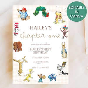 Kapitel Eins Erste Geburtstagseinladung, Storybook-Buchthema-Geburtstagseinladung, Neutral für die Bücher bearbeitbare Canva-Vorlage