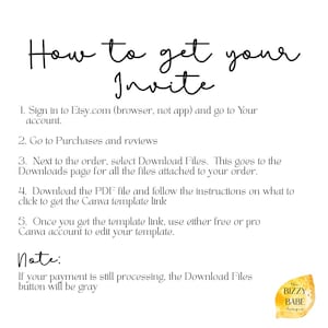 May include: White background with black handwritten text: "How to get your Invite." Instructions include signing into Etsy, going to Purchases, downloading files, and using a Canva template. A small logo is in the bottom right.