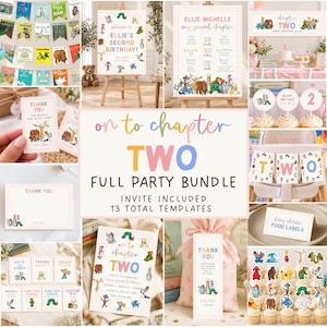 May include: A full party bundle featuring 13 templates with storybook character illustrations, pastel gingham patterns, and text including On to Chapter Two, Ellie Michelle, and Thank You. The set includes invitations, banners, signs, and labels.