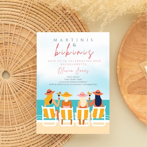 Bewerkbaar vrijgezellenfeest Espresso Martini: bikini's en cocktails luxe strandfeestuitnodiging