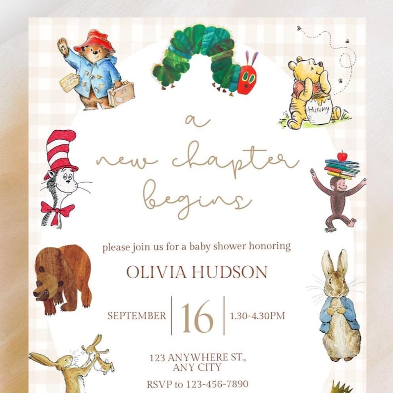 May include: Baby shower invitation with a beige gingham background and illustrations of storybook characters. The text reads "a new chapter begins" and includes the name Olivia Hudson, date, time, and RSVP information.