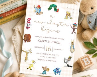 Może przedstawiać: Prostokątne zaproszenie na baby shower z jasnobeżową ramką w kratkę. Tekst brzmi A new chapter begins, please join us for a baby shower honoring Olivia Hudson, September 16, 13:30-16:30, 123 Anywhere St, Any City, RSVP 123-456-7890, Registered at Babylist.com. Zawiera ilustracje różnych postaci z bajek.