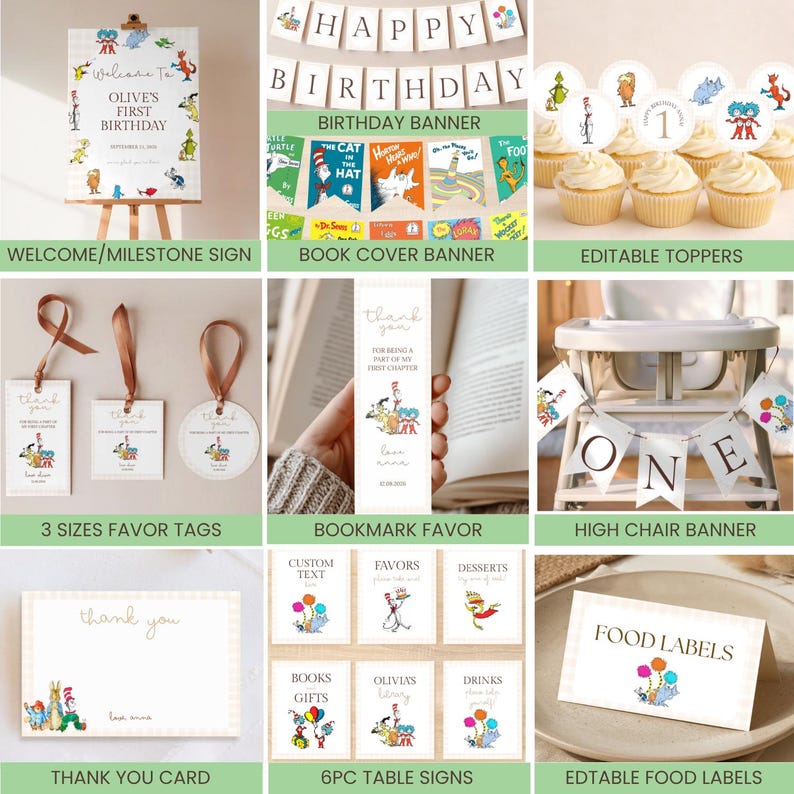 May include: A collection of party decorations featuring a whimsical theme. Includes a welcome sign, birthday banner, cupcake toppers, favor tags, bookmark, high chair banner, thank you card, table signs, and food labels.