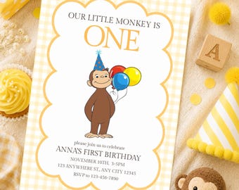 Curious George First Birthday Invitation | Our Little Monkey Is One Birthday Invite | Editable Canva Template | Boy or Girl 1st Birthday