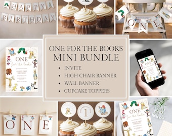 First Birthday Decor Mini Bundle | Editable Birthday Invitation, Cupcake Toppers & High Chair Banner | Canva Birthday Templates