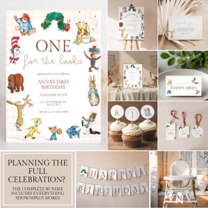 May include: A selection of party decorations and stationery featuring illustrations of storybook characters. Includes an invitation, welcome sign, food labels, cupcake toppers, gift tags, and a banner that reads "Happy Birthday."