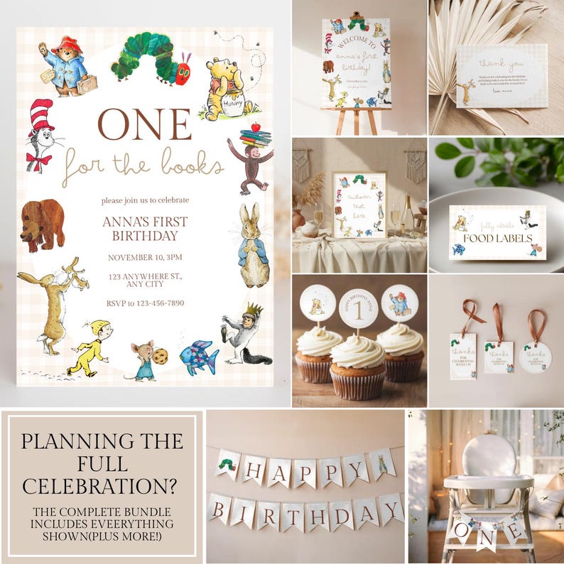 May include: A selection of party decorations and stationery featuring illustrations of storybook characters. Includes an invitation, welcome sign, food labels, cupcake toppers, gift tags, and a banner that reads "Happy Birthday."