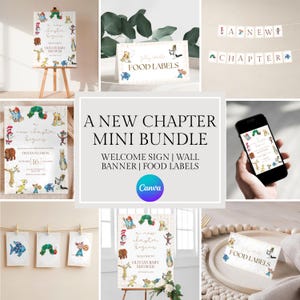 May include: A collection of baby shower decorations featuring illustrations of storybook characters. The bundle includes a welcome sign, wall banner, and food labels. The text "A New Chapter Mini Bundle" is displayed prominently.