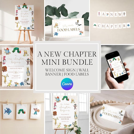 A New Chapter Begins Baby Shower Mini Decor Bundle | Welcome Sign, Banner & Food Labels | Editable Canva Baby Shower Set