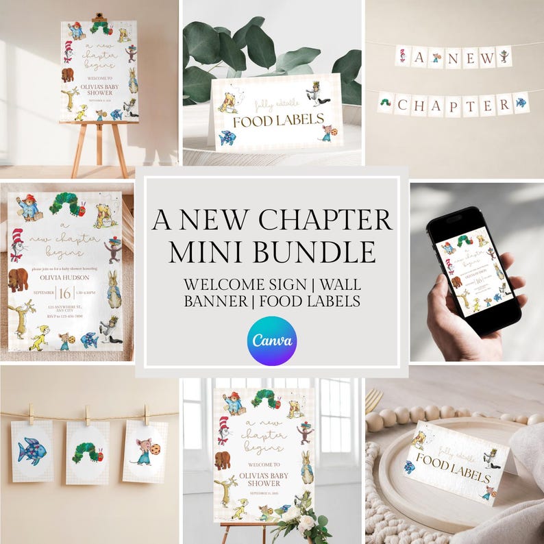 May include: A collection of baby shower decorations featuring illustrations of storybook characters. The bundle includes a welcome sign, wall banner, and food labels. The text "A New Chapter Mini Bundle" is displayed prominently.
