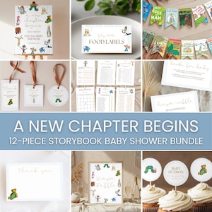 A New Chapter Begins Baby Shower Bundle Boy, Storybook Baby Shower Decorations, Blue Striped Book Theme Shower, Editable Canva Templates