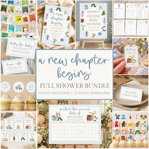 May include: A baby shower stationery bundle featuring a light blue gingham pattern and classic storybook character illustrations. The set includes invitations, signs, game cards, food labels, and cupcake toppers with text like A New Chapter Begins.