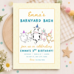 May include: A rectangular birthday invitation card with a yellow and white striped border. The text reads Emma's BARNYARD BASH, join us in celebrating EMMA'S 3RD BIRTHDAY! SATURDAY MARCH 27 2:00PM 123 ANY ST., ANY CITY, 12345 RSVP: 123-456-7890. Features cartoon farm animals wearing colorful party hats.