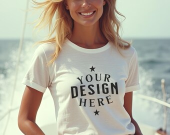 Maqueta de camiseta blanca, playa de Malibú, maqueta de camiseta con estilo, maqueta de moda, maqueta de camiseta de mujer, maqueta de camiseta de mamá de Los Ángeles, maqueta de camiseta blanca