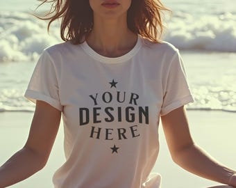 Maquette de t-shirt de yoga blanc, maquette de chemise de style, maquette tendance, maquette de t-shirt pour femme, maquette de t-shirt de plage, maquette de t-shirt blanc