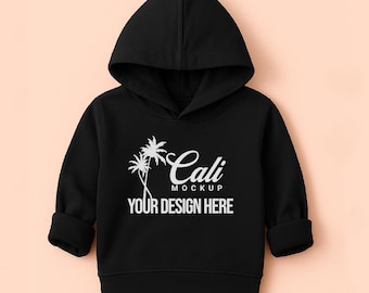 Sudadera infantil Rabbit Skins 3326, maqueta, modelo colgante para niño pequeño, maqueta del producto real, sudadera juvenil moderna y neutra, vista frontal, negra