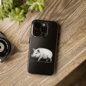 Funda resistente para teléfono con diseño de cerdo, diseño lineal, duradera, ideal para amantes de los animales, animal de granja, funda protectora, adorable cerdo, accesorios para teléfono, funda de estilo granja