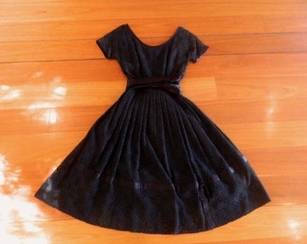 1950s black eyelet lace party dress S