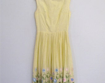 1950s lemon sorbet embroidered summer dress S