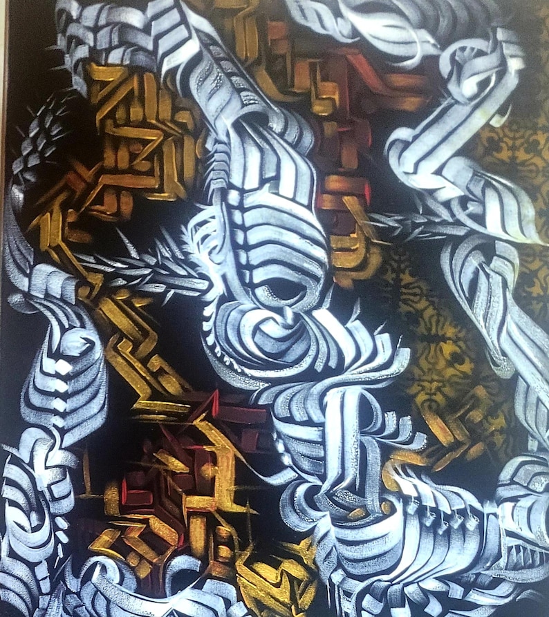 Op de afbeelding: Abstract schilderij met een zwarte achtergrond en witte, gouden en rode geometrische vormen. De vormen zijn gelaagd en overlappen elkaar, waardoor een gevoel van diepte en beweging ontstaat.