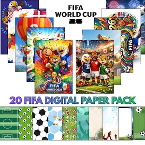 May include: A digital paper pack featuring 20 designs related to the FIFA World Cup 26. The collection includes illustrations of mascots, soccer balls, stadium scenes, and colorful patterns with the text FIFA WORLD CUP 26 and FIFA UNITED 2026.