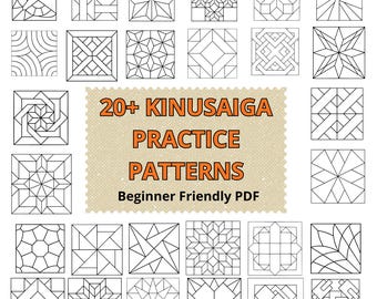 Puede incluir: Una colección de más de 20 diseños geométricos de líneas en blanco y negro dispuestos en una cuadrícula. El texto central dice 20+ KINUSAIGA PRACTICE PATTERNS Beginner Friendly PDF. Cada cuadrado presenta un patrón único de líneas y formas.