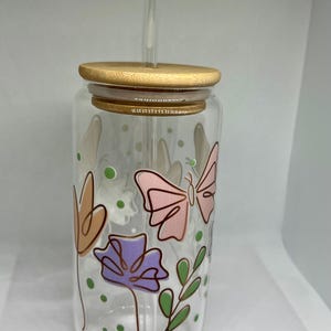 Butterfly Glass Cup, 16oz Iced Coffee Glass Can, Aesthetic Tumbler with Bamboo Lid, Cute Drinkware, Gift for Her, Summer Cup