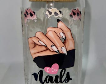 Nails design 16oz glass cup / tumbler / gift for her / iced coffee cup / coffee lover / iced coffee lover / glass can / reusable cup