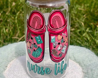 Nurse Life Glass Cup, 16oz Iced Coffee Tumbler with Bamboo Lid, Nurse Gift, Healthcare Worker Cup, Reusable Glass, Cute Medical Drinkware