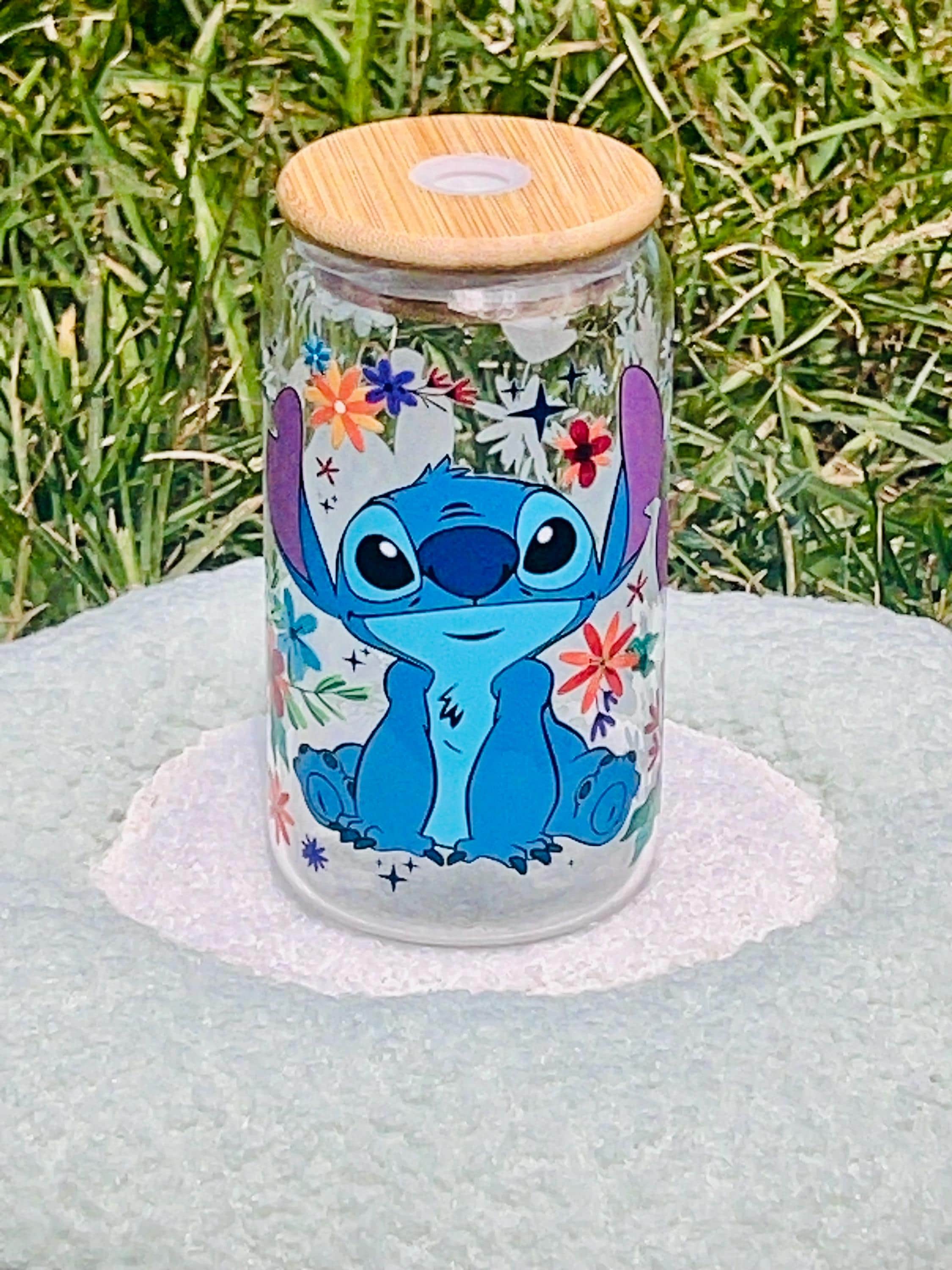 Stitch cup, Disney cup, iced coffee glass, kawaii tumbler, cute glass cup, 16oz tumbler, bamboo lid, reusable cup, gift for her, Disney fan