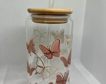 Pink butterfly / reusable cup / glass cup / tumbler / custom tumbler / design / 16oz glass cup / gift for her / dtf transfer / personalized