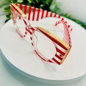 Candy Stripes Bold Oversized Square Vintage Glasses Red Stripe or Purple Houndstooth with Gold Accent Non-Prescription Fashion Eyewear