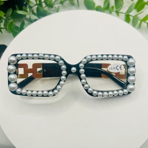 Pearl Power Readers Oversized Bedazzled Statement Square Reading Glasses 250 Blue Light Blocking Bold Reading Women Eyewear Black Gold White