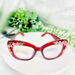Oversized Cat Eye Blue Light Glasses: Red Floral Statement Eyewear