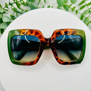 Oversized Square Sunglasses: Green Tortoiseshell Frames, Gradient Blue Lenses