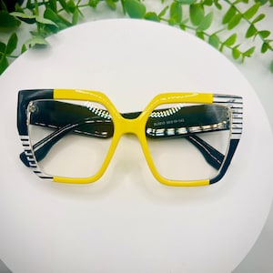 She Stings – Yellow Zebra Stripes Block Frames Square Oversized Glasses Blue Light Eyewear Funky Bold Cat Eye Clear Statement Trendy Frames