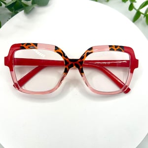 Foxy Brown-Oversized Square Leopard Accent Glasses Blue Red Taupe/Brown Bold Statement Eyewear for Women