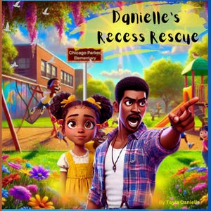 May include: A colorful illustration from a children's book titled "Danielle's Recess Rescue." The image features a young girl and a man in a plaid shirt, with a playground and school in the background. The text "Chicago Parker Elementary" is visible.
