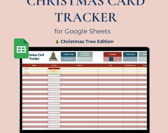 May include: A laptop screen displays a Christmas Card Tracker spreadsheet for Google Sheets. The title "Christmas Card Tracker" is at the top, with "Christmas Tree Edition" below. The spreadsheet has columns for name, address, and priority, with a progress bar.
