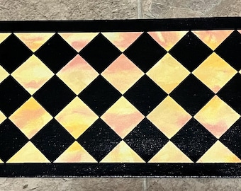 Ready Made! - X-Small Dog/Cat Canvas Pet Placemat - Food Dish Mat - Floorcloth - 9" x 16 1/2" - Black Diamonds with Yellow and Mauve Marble